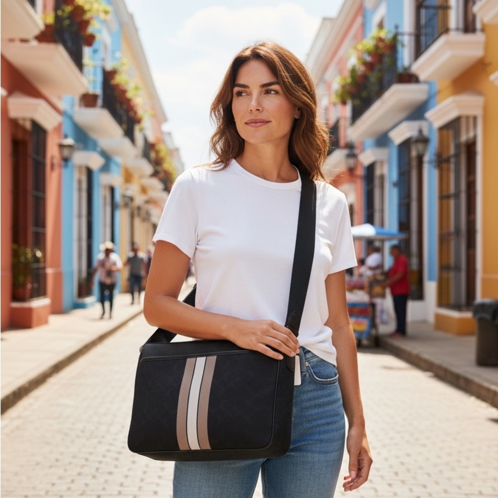 Coach Thompson Signature Stripe Messenger Crossbody Bag | Black Leather Canvas - Picture 2 of 16